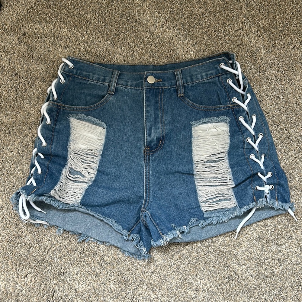 Shein Side Lace-up Distressed Jean Shorts Size Medium
